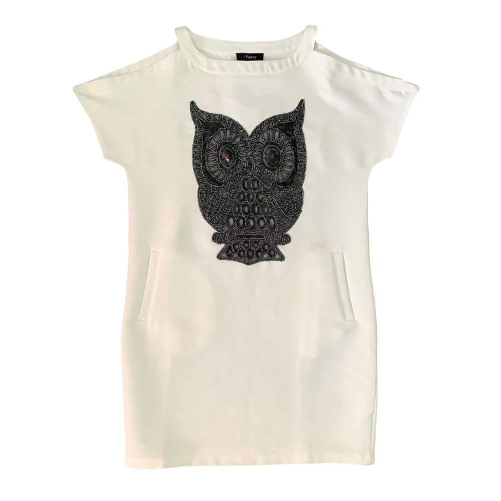 White Embellished Owl Mini Dress w/ Shoulder Cut Outs